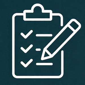 Notizblock mit Stift als weißes Icon auf grün-blauem Grund.