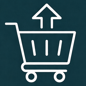 Einkaufswagen mit nach oben zeigendem Pfeil als weißes Icon auf grün-blauem Grund.