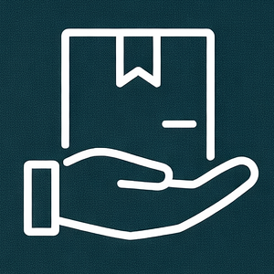 Aufgehaltene Hand mit Karton als weißes Icon auf grün-blauem Grund.