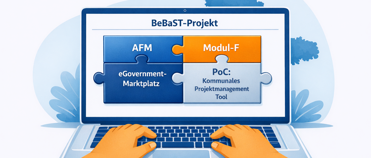 Auf dem Bild ist ein Laptop zu erkennen, auf dem die Überschrift „BeBaST-Projekt“ zu sehen ist, mit seinen Teilprojekten „AFM“, „Modul-F“, „eGovernment-Marktplatz“ und dem „PoC: Kommunales Projektmanagement-Tool“. Die Teilprojekte sind als zusammengefügte Puzzleteile dargestellt.