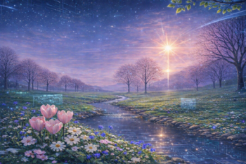 Eine blühende Wiese mit blätterlosen Bäumen und einem Fluss. Es blitzen an mehreren Stellen Lichter und kleinere Displays durch, die eine Vermischung von analoger und digitaler Welt illustrieren sollen.